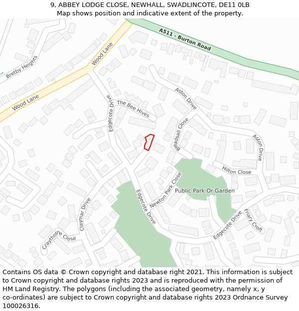 9, ABBEY LODGE CLOSE, NEWHALL, SWADLINCOTE, DE11 0LB: Location map and indicative extent of plot
