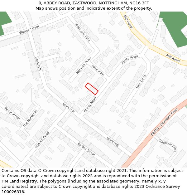 9, ABBEY ROAD, EASTWOOD, NOTTINGHAM, NG16 3FF: Location map and indicative extent of plot