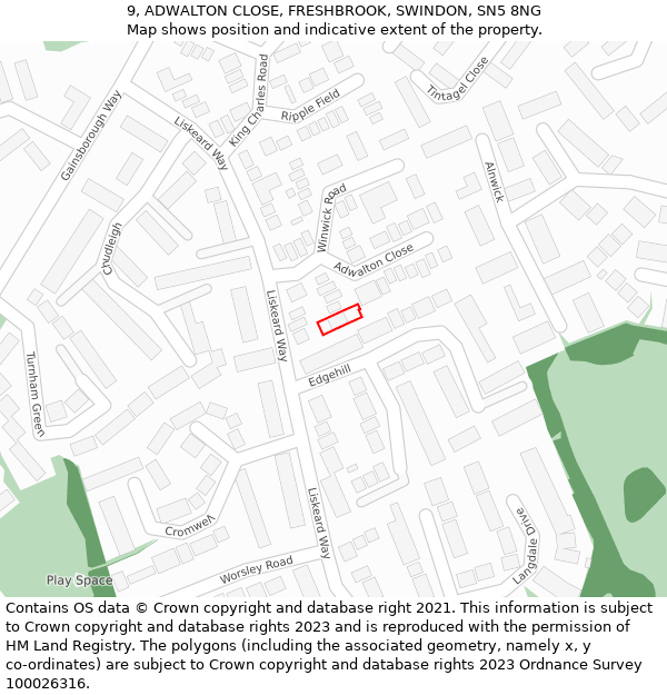 9, ADWALTON CLOSE, FRESHBROOK, SWINDON, SN5 8NG: Location map and indicative extent of plot