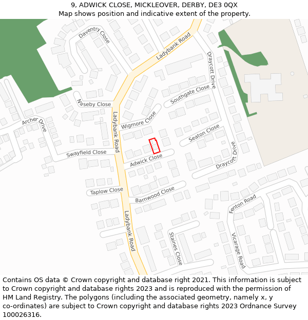 9, ADWICK CLOSE, MICKLEOVER, DERBY, DE3 0QX: Location map and indicative extent of plot