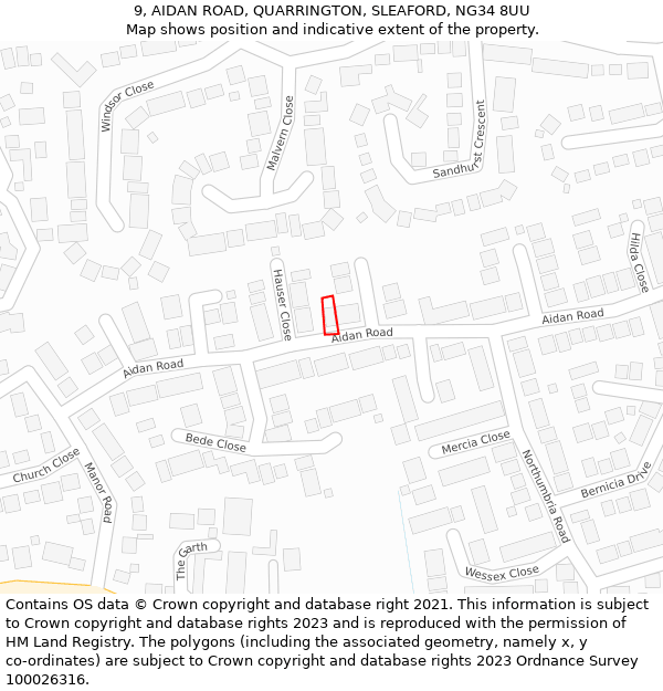 9, AIDAN ROAD, QUARRINGTON, SLEAFORD, NG34 8UU: Location map and indicative extent of plot