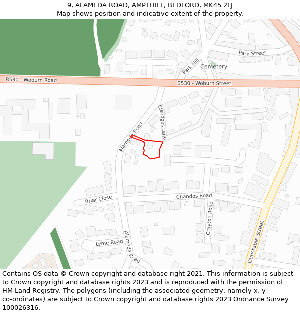 9, ALAMEDA ROAD, AMPTHILL, BEDFORD, MK45 2LJ: Location map and indicative extent of plot