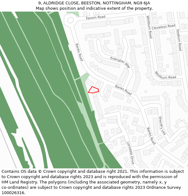 9, ALDRIDGE CLOSE, BEESTON, NOTTINGHAM, NG9 6JA: Location map and indicative extent of plot