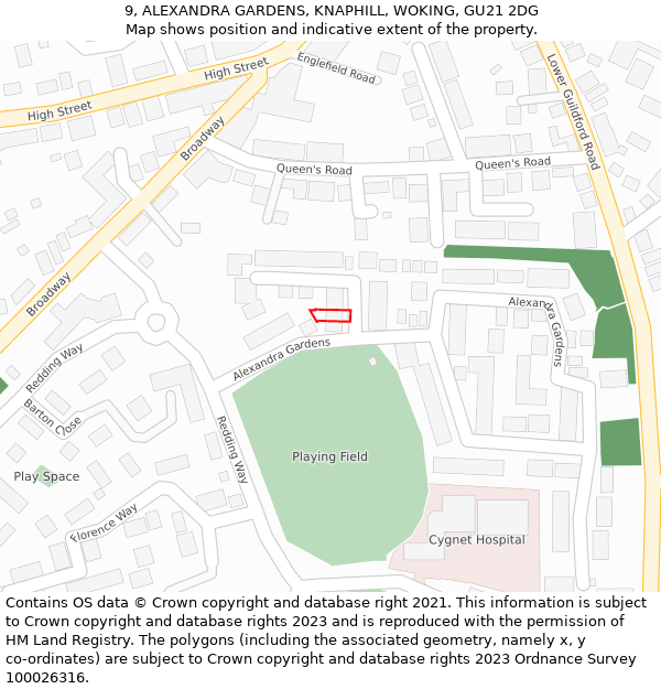 9, ALEXANDRA GARDENS, KNAPHILL, WOKING, GU21 2DG: Location map and indicative extent of plot