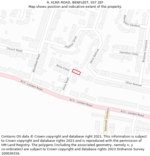 9, ALMA ROAD, BENFLEET, SS7 2EF: Location map and indicative extent of plot