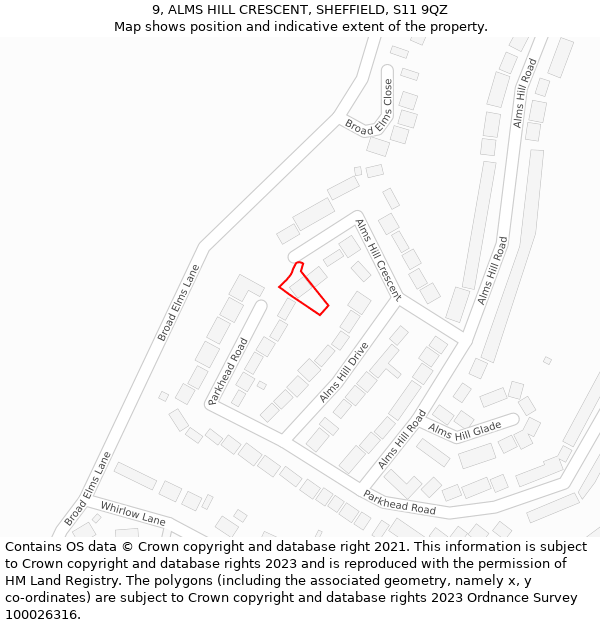 9, ALMS HILL CRESCENT, SHEFFIELD, S11 9QZ: Location map and indicative extent of plot
