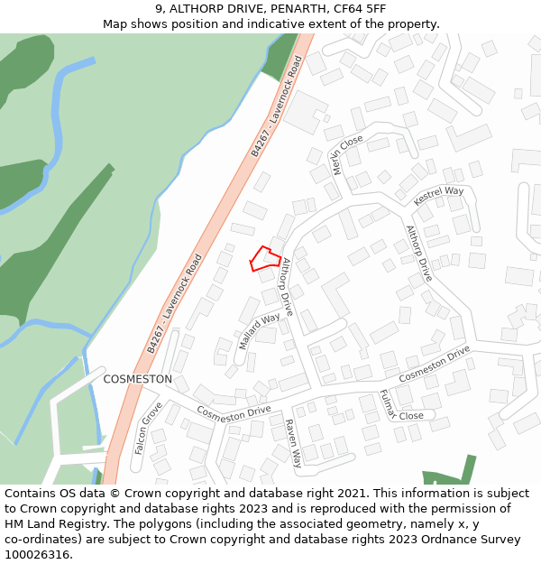 9, ALTHORP DRIVE, PENARTH, CF64 5FF: Location map and indicative extent of plot