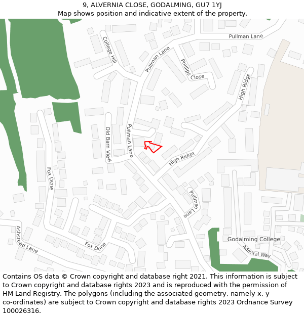 9, ALVERNIA CLOSE, GODALMING, GU7 1YJ: Location map and indicative extent of plot