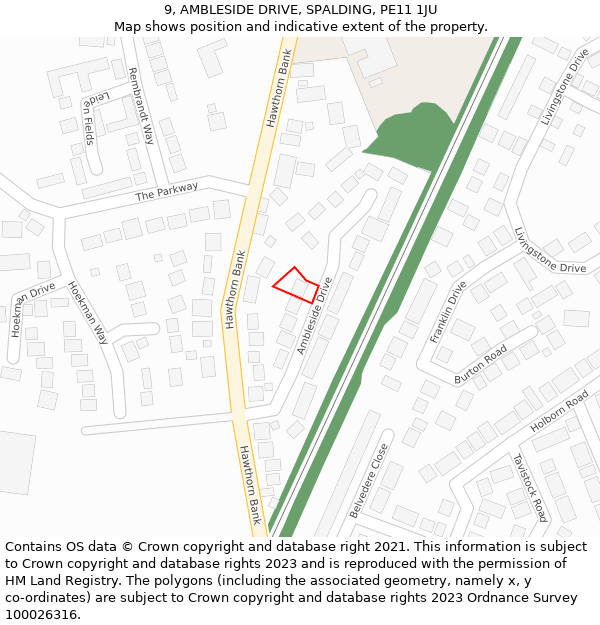 9, AMBLESIDE DRIVE, SPALDING, PE11 1JU: Location map and indicative extent of plot