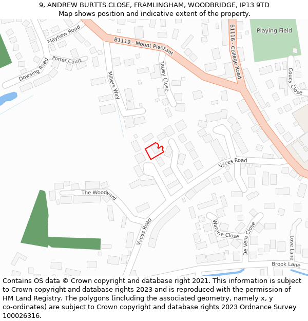 9, ANDREW BURTTS CLOSE, FRAMLINGHAM, WOODBRIDGE, IP13 9TD: Location map and indicative extent of plot