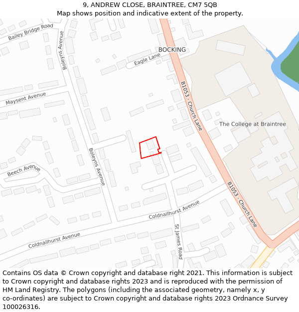 9, ANDREW CLOSE, BRAINTREE, CM7 5QB: Location map and indicative extent of plot