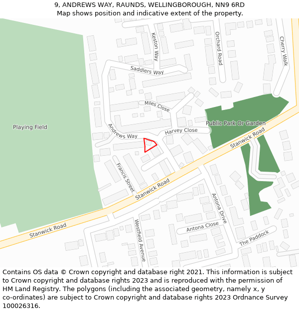 9, ANDREWS WAY, RAUNDS, WELLINGBOROUGH, NN9 6RD: Location map and indicative extent of plot