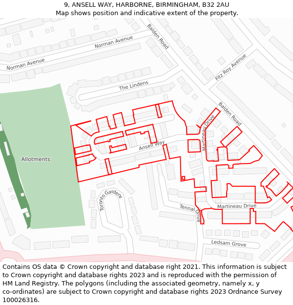 9, ANSELL WAY, HARBORNE, BIRMINGHAM, B32 2AU: Location map and indicative extent of plot