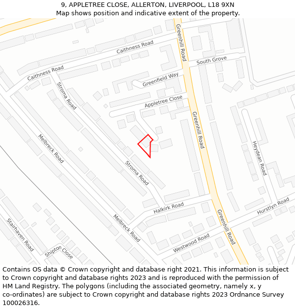 9, APPLETREE CLOSE, ALLERTON, LIVERPOOL, L18 9XN: Location map and indicative extent of plot