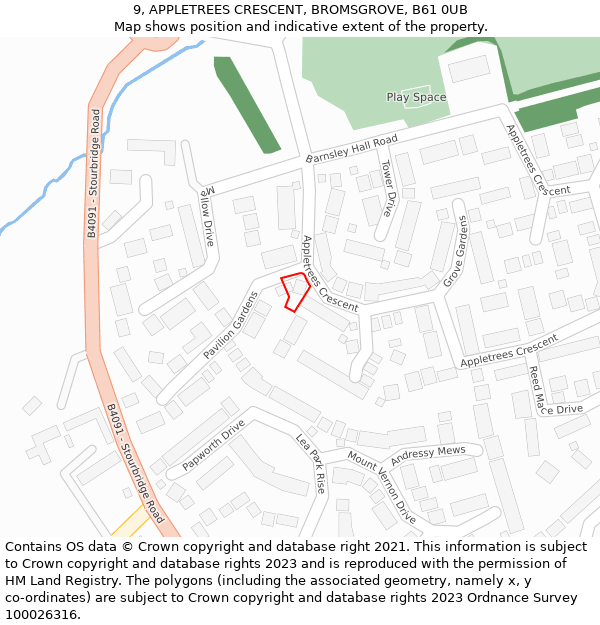 9, APPLETREES CRESCENT, BROMSGROVE, B61 0UB: Location map and indicative extent of plot