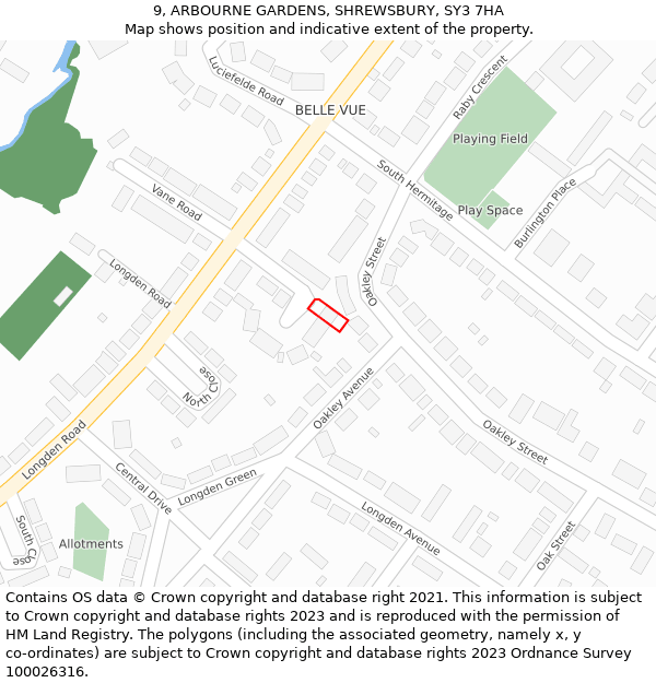 9, ARBOURNE GARDENS, SHREWSBURY, SY3 7HA: Location map and indicative extent of plot