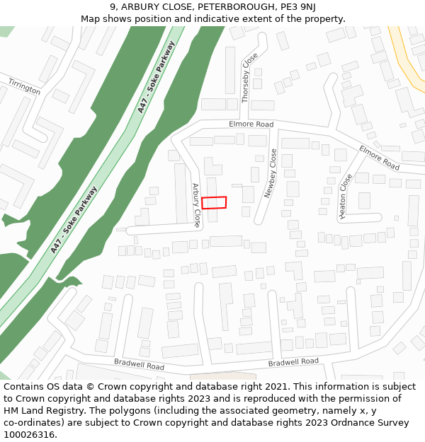 9, ARBURY CLOSE, PETERBOROUGH, PE3 9NJ: Location map and indicative extent of plot