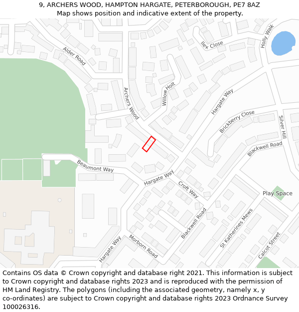 9, ARCHERS WOOD, HAMPTON HARGATE, PETERBOROUGH, PE7 8AZ: Location map and indicative extent of plot