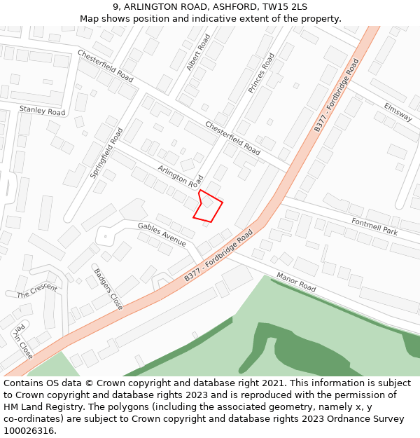 9, ARLINGTON ROAD, ASHFORD, TW15 2LS: Location map and indicative extent of plot
