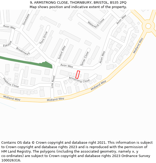 9, ARMSTRONG CLOSE, THORNBURY, BRISTOL, BS35 2PQ: Location map and indicative extent of plot