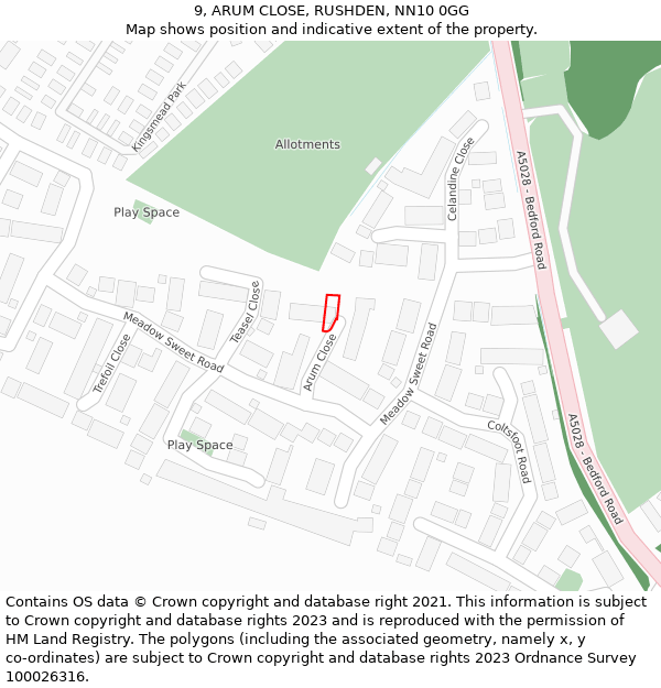 9, ARUM CLOSE, RUSHDEN, NN10 0GG: Location map and indicative extent of plot