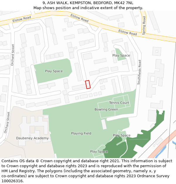9, ASH WALK, KEMPSTON, BEDFORD, MK42 7NL: Location map and indicative extent of plot