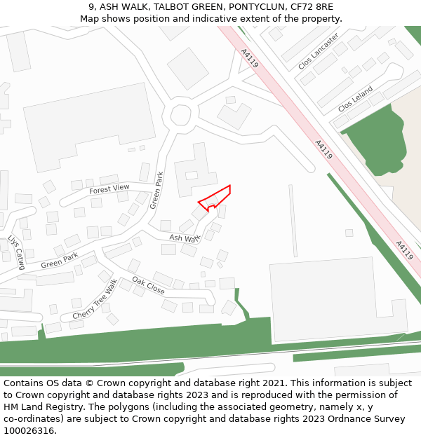 9, ASH WALK, TALBOT GREEN, PONTYCLUN, CF72 8RE: Location map and indicative extent of plot