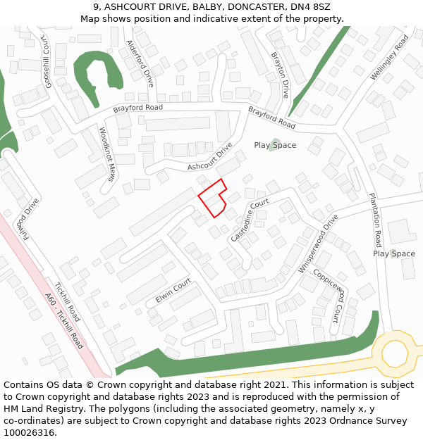 9, ASHCOURT DRIVE, BALBY, DONCASTER, DN4 8SZ: Location map and indicative extent of plot