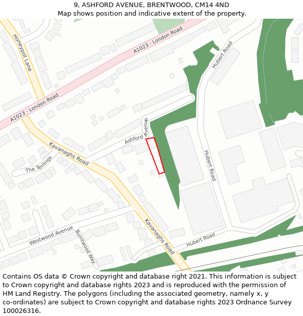 9, ASHFORD AVENUE, BRENTWOOD, CM14 4ND: Location map and indicative extent of plot