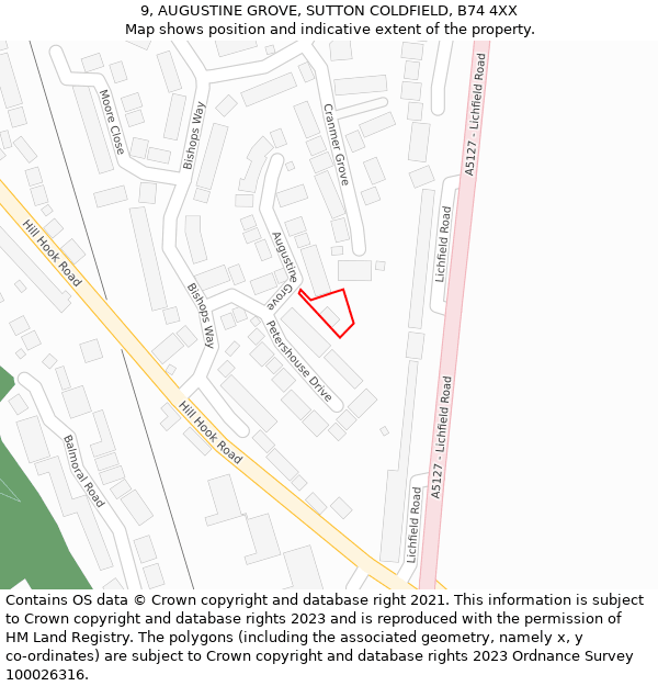 9, AUGUSTINE GROVE, SUTTON COLDFIELD, B74 4XX: Location map and indicative extent of plot
