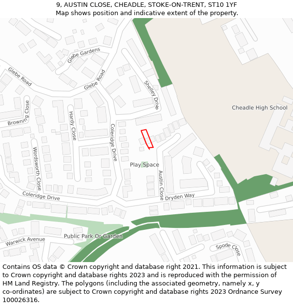 9, AUSTIN CLOSE, CHEADLE, STOKE-ON-TRENT, ST10 1YF: Location map and indicative extent of plot