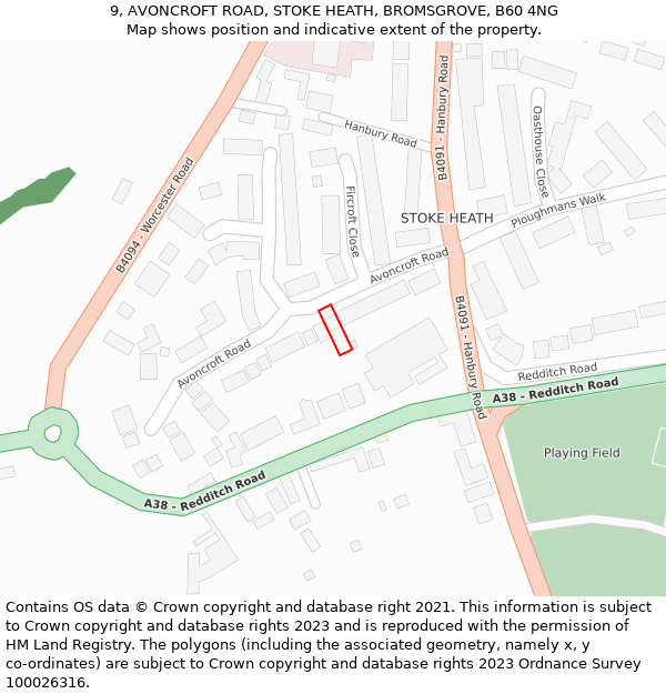 9, AVONCROFT ROAD, STOKE HEATH, BROMSGROVE, B60 4NG: Location map and indicative extent of plot