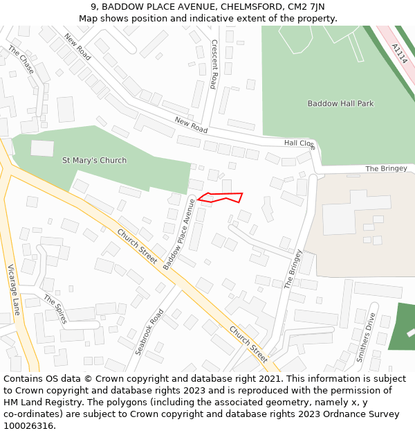 9, BADDOW PLACE AVENUE, CHELMSFORD, CM2 7JN: Location map and indicative extent of plot