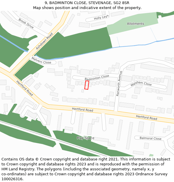 9, BADMINTON CLOSE, STEVENAGE, SG2 8SR: Location map and indicative extent of plot