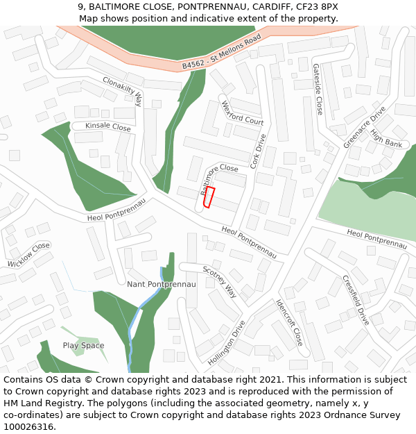 9, BALTIMORE CLOSE, PONTPRENNAU, CARDIFF, CF23 8PX: Location map and indicative extent of plot