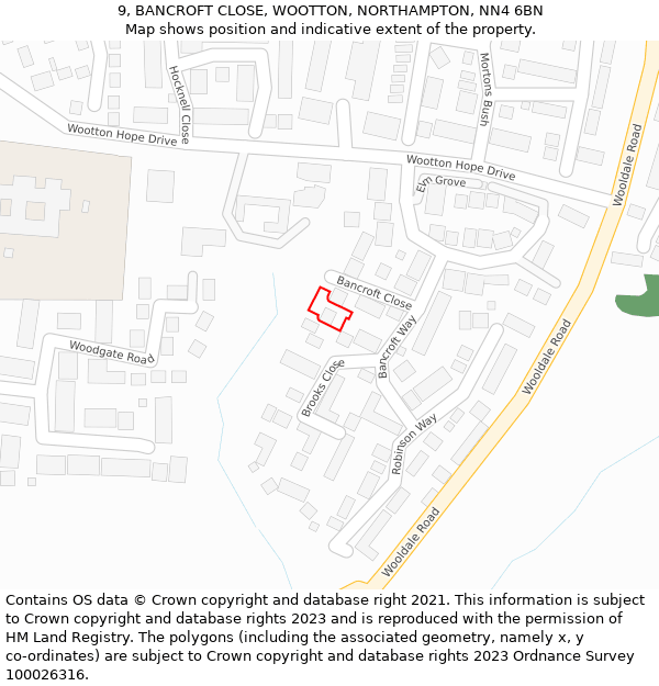9, BANCROFT CLOSE, WOOTTON, NORTHAMPTON, NN4 6BN: Location map and indicative extent of plot