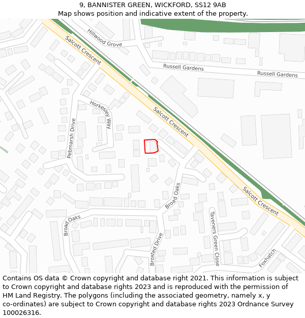 9, BANNISTER GREEN, WICKFORD, SS12 9AB: Location map and indicative extent of plot