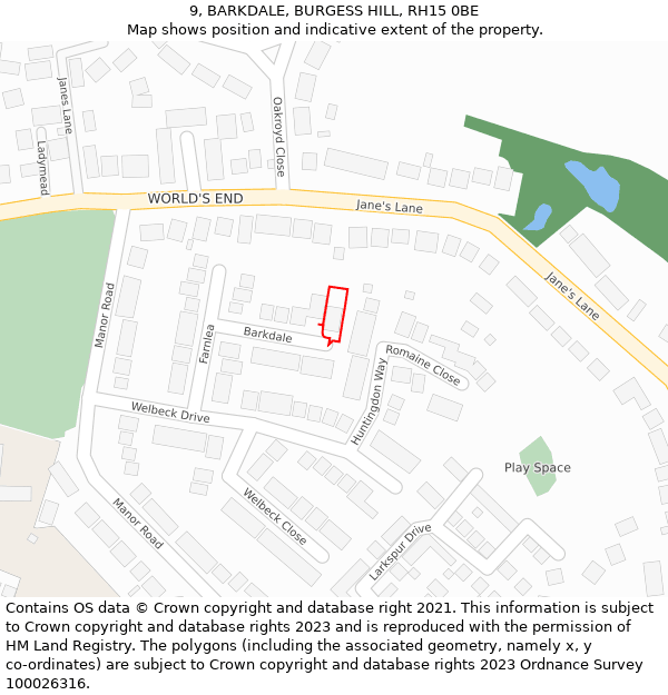 9, BARKDALE, BURGESS HILL, RH15 0BE: Location map and indicative extent of plot