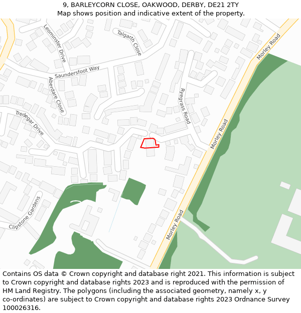 9, BARLEYCORN CLOSE, OAKWOOD, DERBY, DE21 2TY: Location map and indicative extent of plot