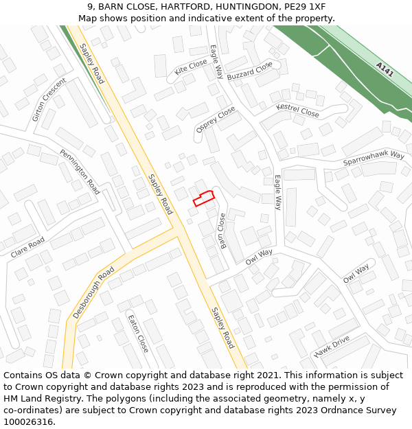 9, BARN CLOSE, HARTFORD, HUNTINGDON, PE29 1XF: Location map and indicative extent of plot