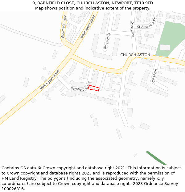 9, BARNFIELD CLOSE, CHURCH ASTON, NEWPORT, TF10 9FD: Location map and indicative extent of plot