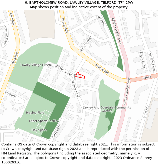 9, BARTHOLOMEW ROAD, LAWLEY VILLAGE, TELFORD, TF4 2PW: Location map and indicative extent of plot