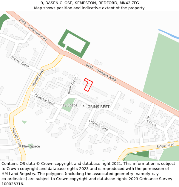 9, BASEN CLOSE, KEMPSTON, BEDFORD, MK42 7FG: Location map and indicative extent of plot