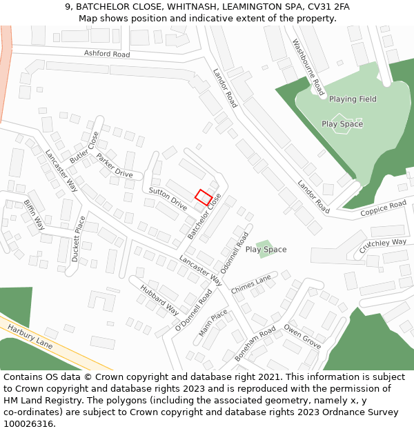 9, BATCHELOR CLOSE, WHITNASH, LEAMINGTON SPA, CV31 2FA: Location map and indicative extent of plot