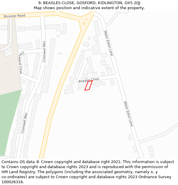 9, BEAGLES CLOSE, GOSFORD, KIDLINGTON, OX5 2QJ: Location map and indicative extent of plot