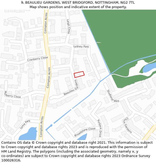 9, BEAULIEU GARDENS, WEST BRIDGFORD, NOTTINGHAM, NG2 7TL: Location map and indicative extent of plot