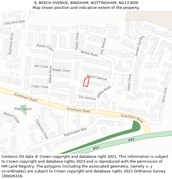 9, BEECH AVENUE, BINGHAM, NOTTINGHAM, NG13 8DN: Location map and indicative extent of plot