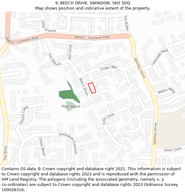9, BEECH DRIVE, SWINDON, SN5 5DQ: Location map and indicative extent of plot