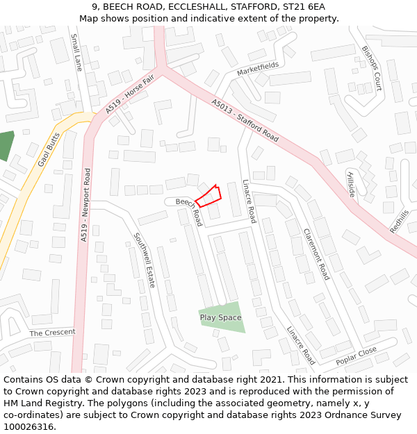 9, BEECH ROAD, ECCLESHALL, STAFFORD, ST21 6EA: Location map and indicative extent of plot