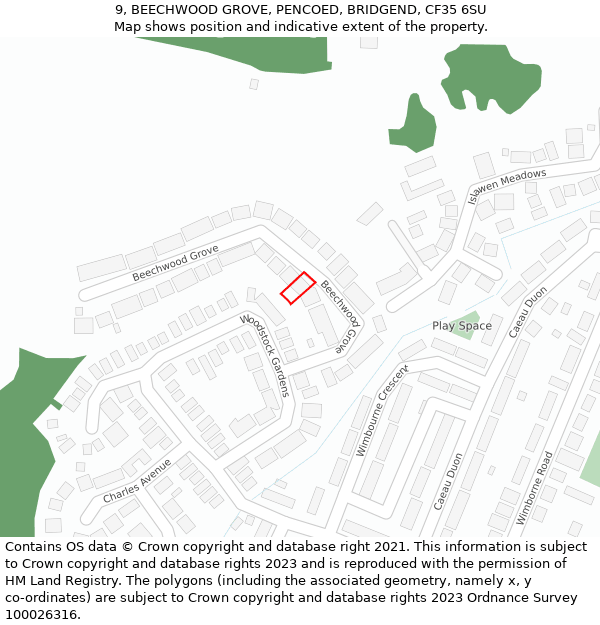 9, BEECHWOOD GROVE, PENCOED, BRIDGEND, CF35 6SU: Location map and indicative extent of plot